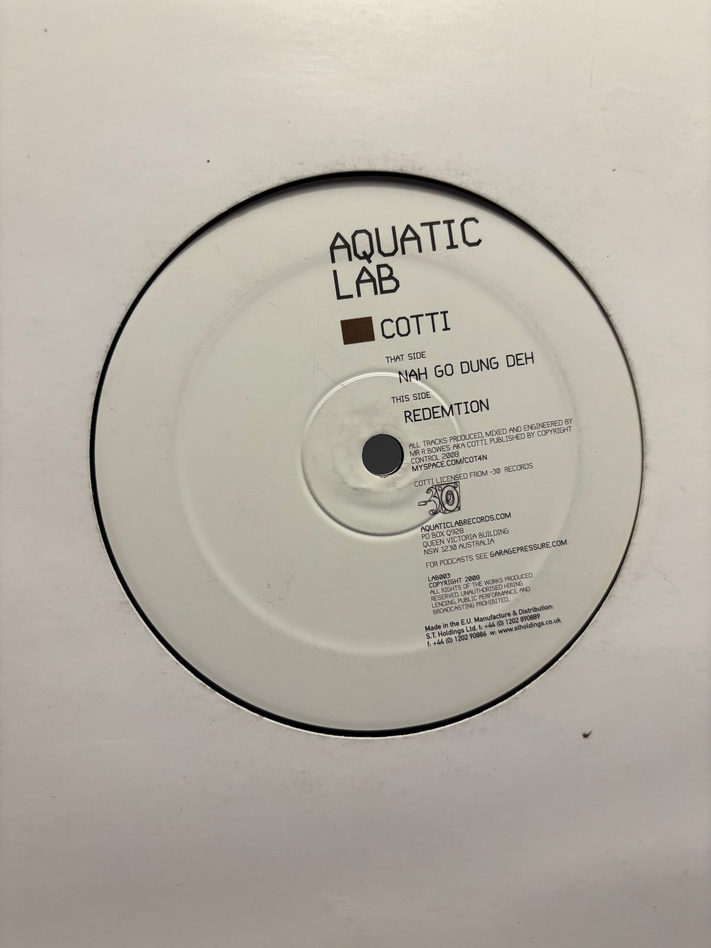 Cotti: Nah Go Dung Deh/Redemption, 12inch, Only official pressing, Aquatic Lab, Australia, 2008