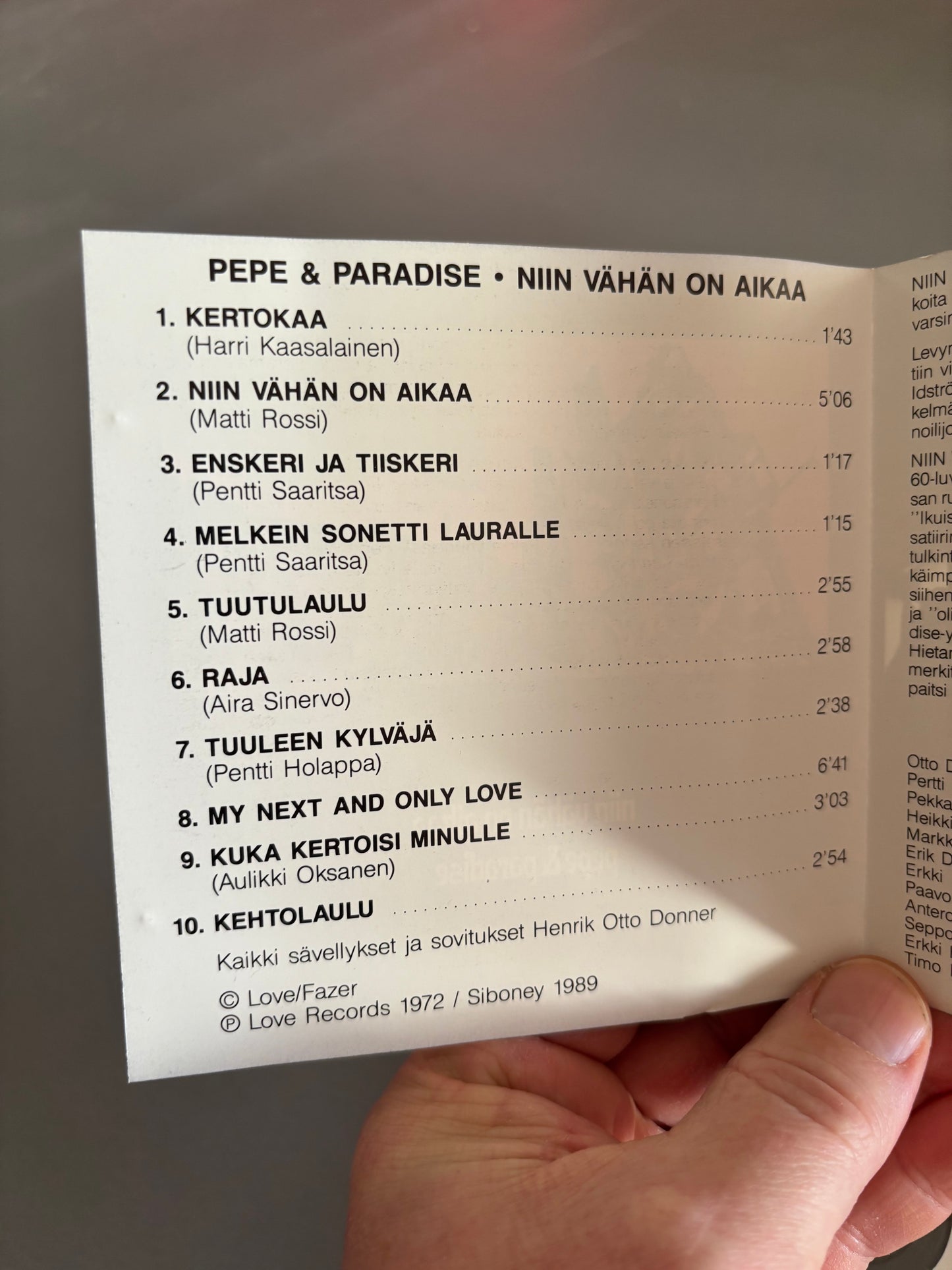 Pepe & Paradise: Niin vähän on aikaa, CD, reissue, 1st CD pressing, Love Records/Siboney, Finland 1989