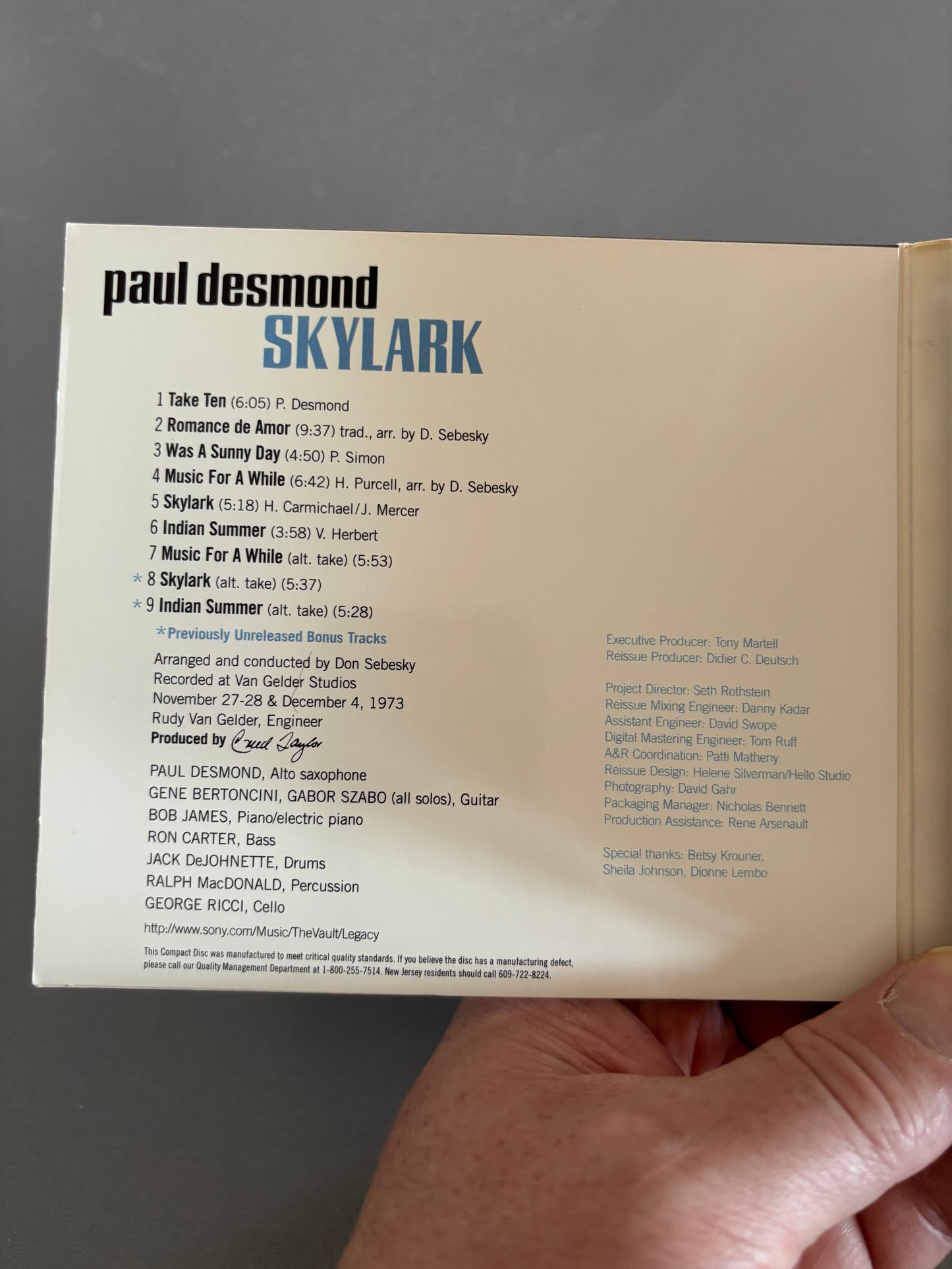 Paul Desmond: Skylark, CD, reissue, remastered, Digipak, CTI Records, US 1997