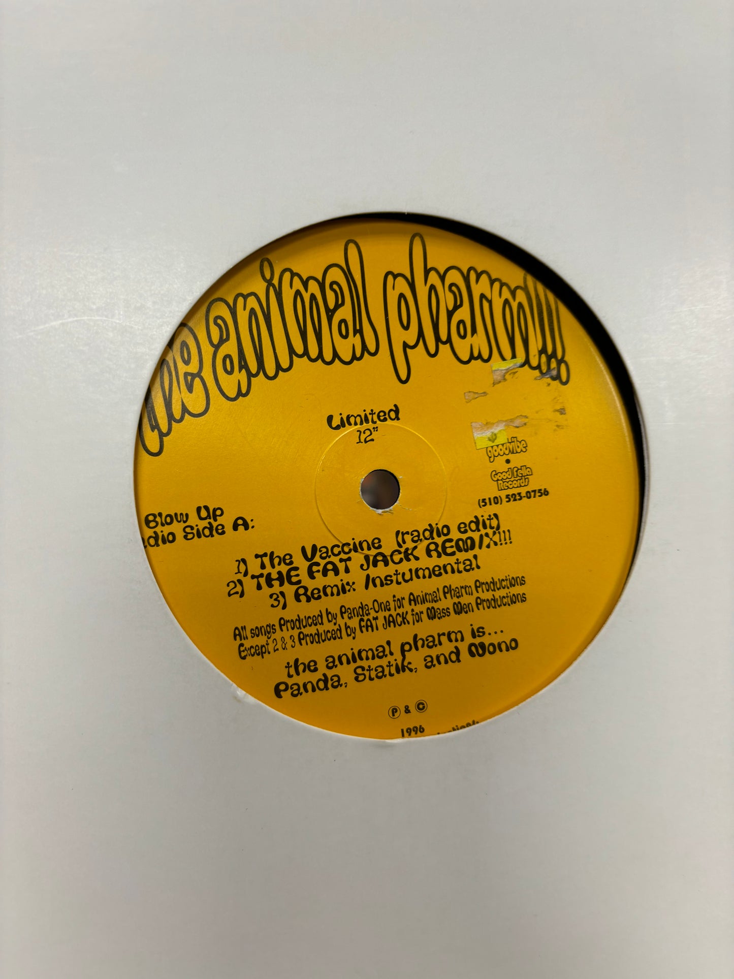 The Animal Pharm: The Vaccine, 1st pressing, 12inch, Limited Edition, Yellow label, Good Fella Records, US 1996