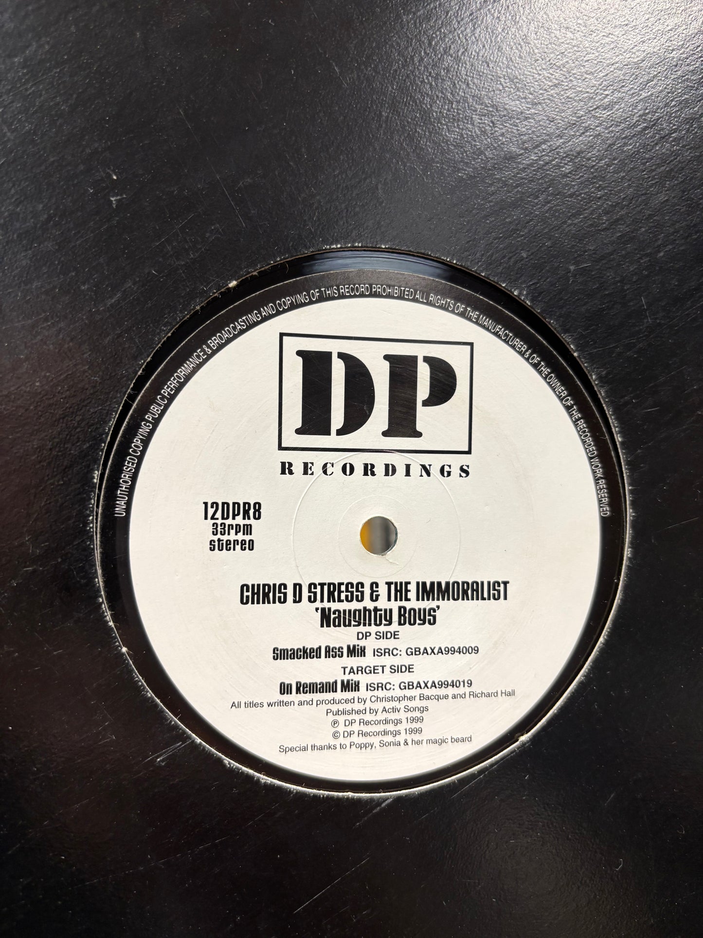 Chris D. Stress & The Immoralist: Naughty Boys, 12inch, Only pressing, DP Recordings, UK 1999