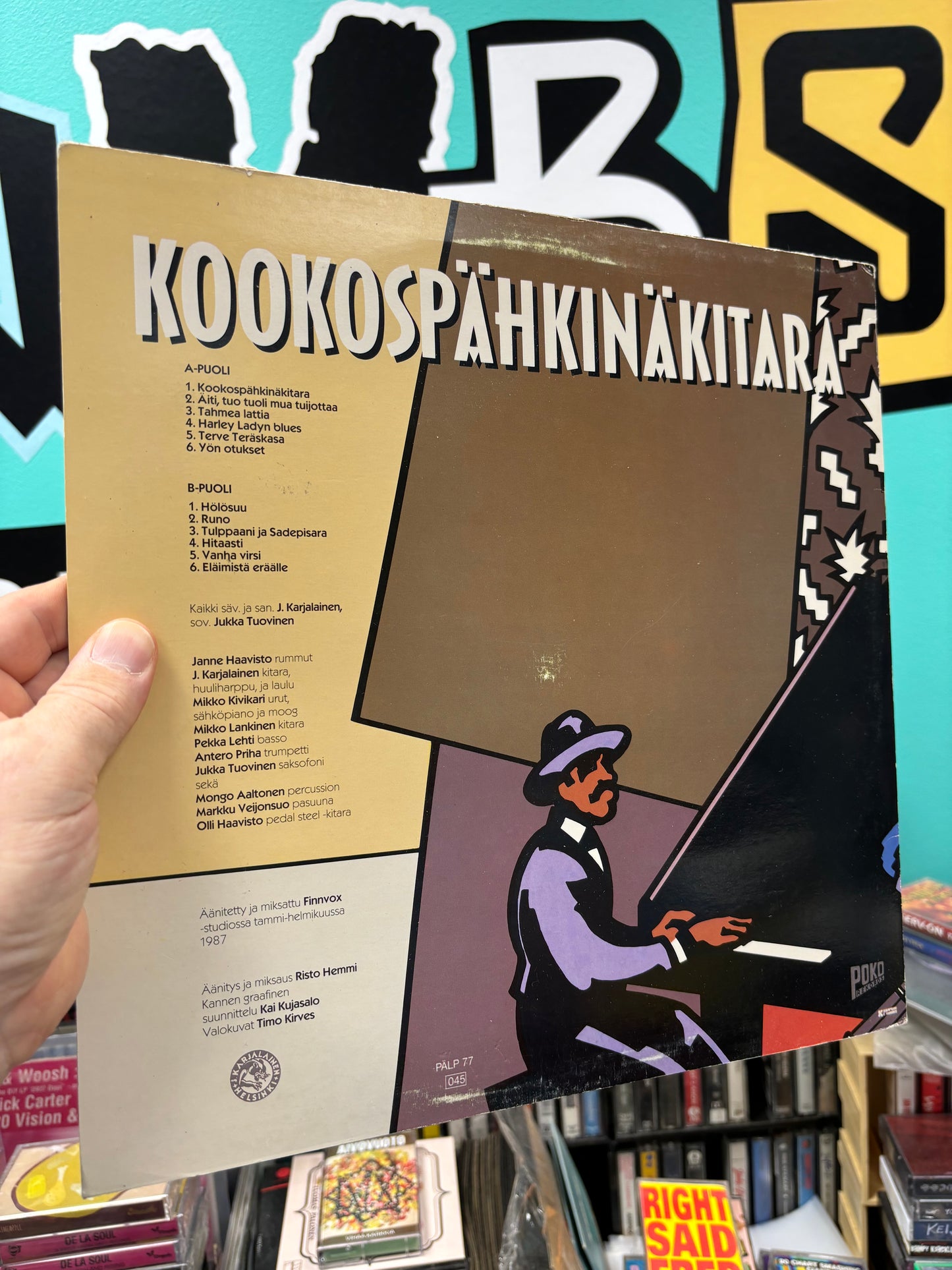 J. Karjalainen ja Mustat Lasit: Kookospähkinäkitara, LP, Only vinyl pressing, Poko Rekords, Finland 1987