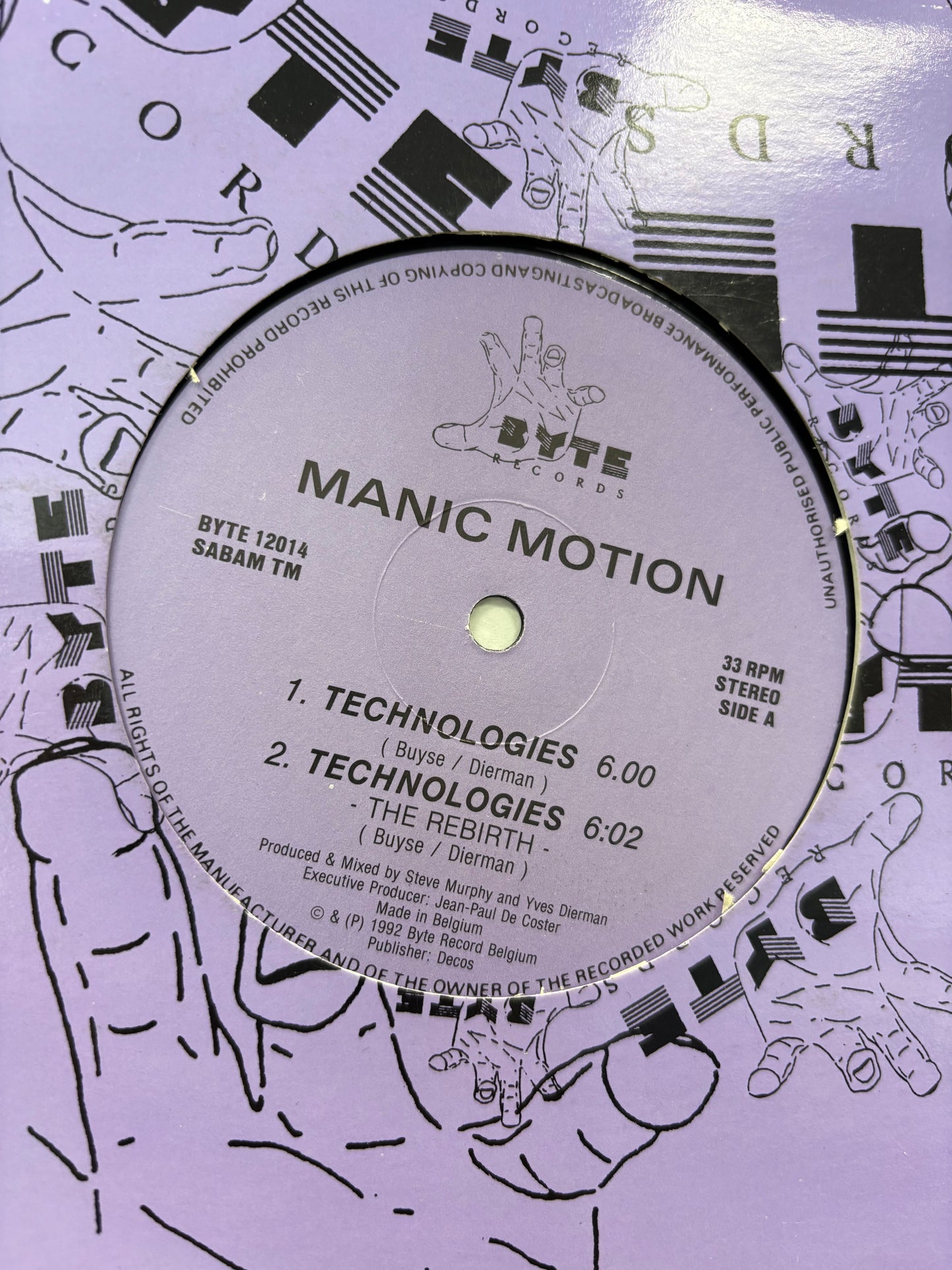 Manic Motion: Technologies/Sidelines, 12inch, Only pressing, Byte Records, Belgium 1992