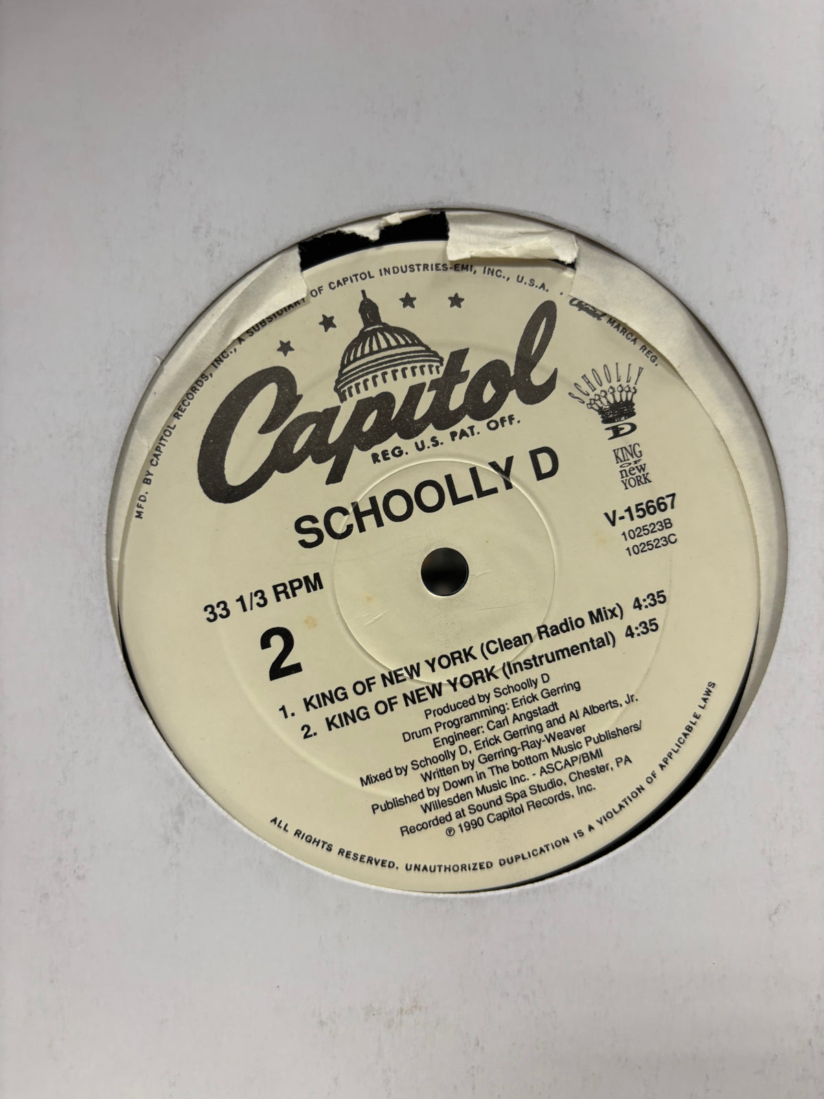 Schoolly D: King Of New York, 12inch, 1st pressing, Only official vinyl pressing, Capitol Records, US 1990