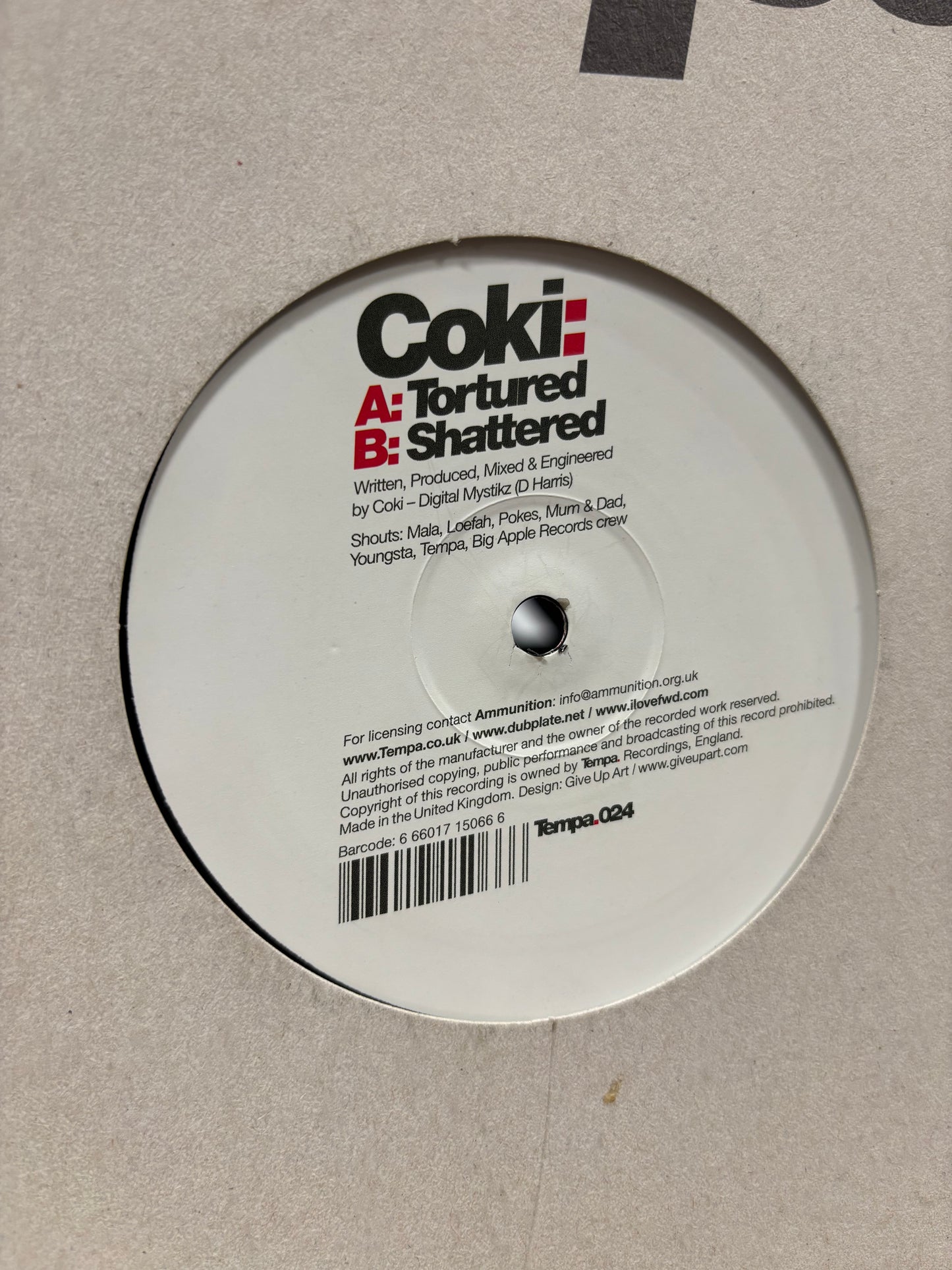 Coki: Tortured/Shattered, 12inch, 1st pressing, Tempa, UK 2006