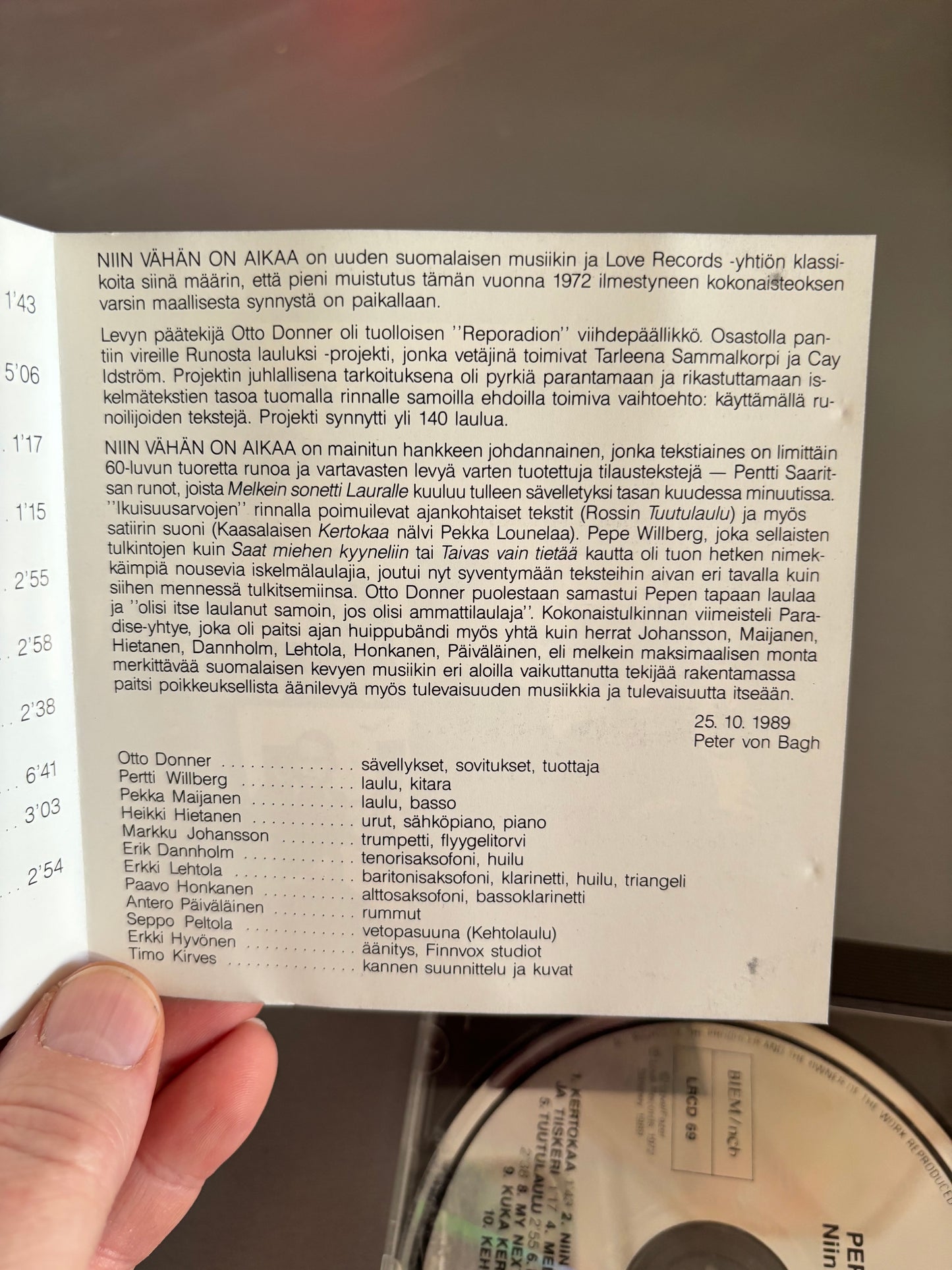 Pepe & Paradise: Niin vähän on aikaa, CD, reissue, 1st CD pressing, Love Records/Siboney, Finland 1989