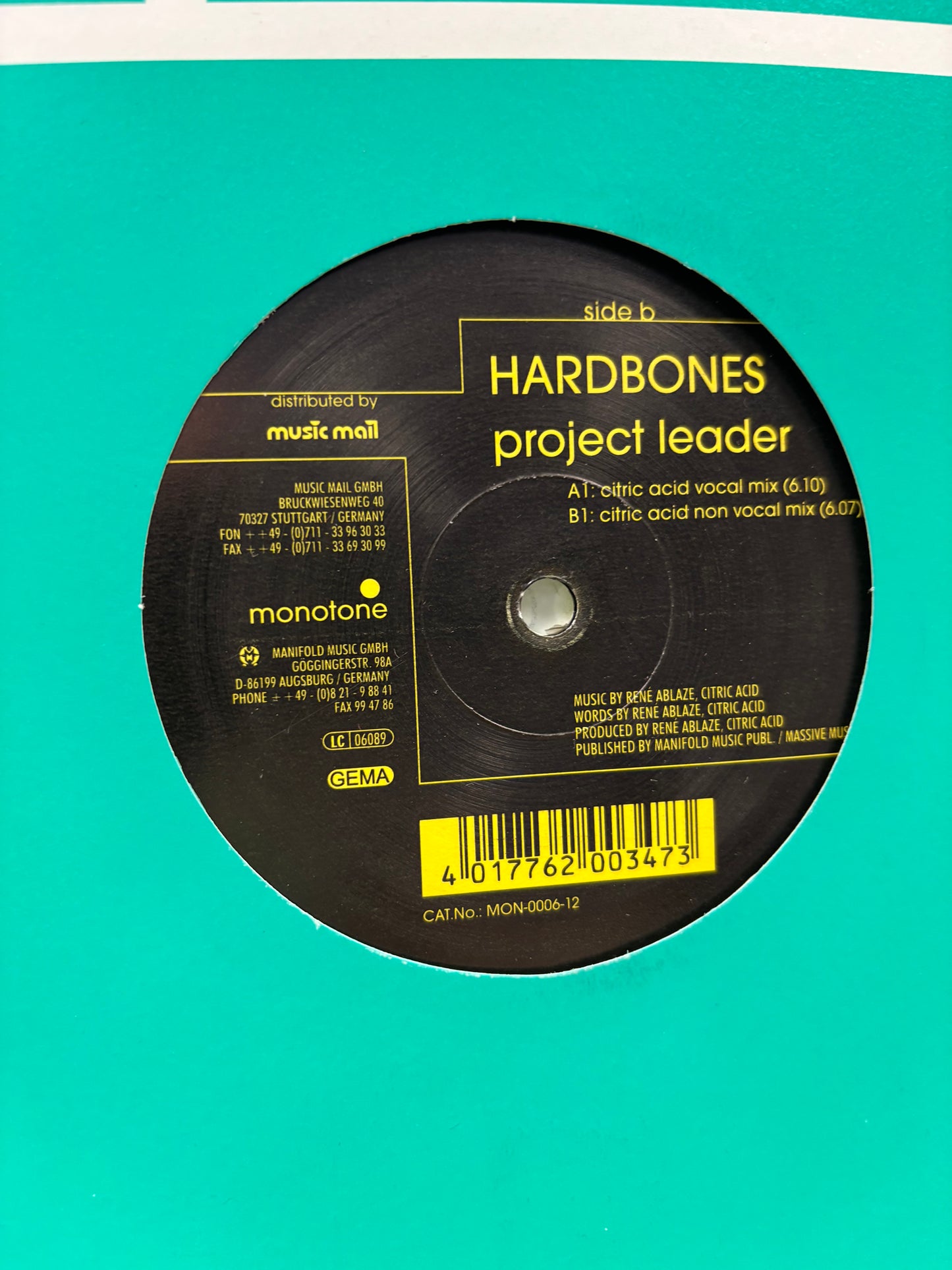 Hardbones: Project Leader, 12inch, Only pressing, Monotone Records, Germany 2000