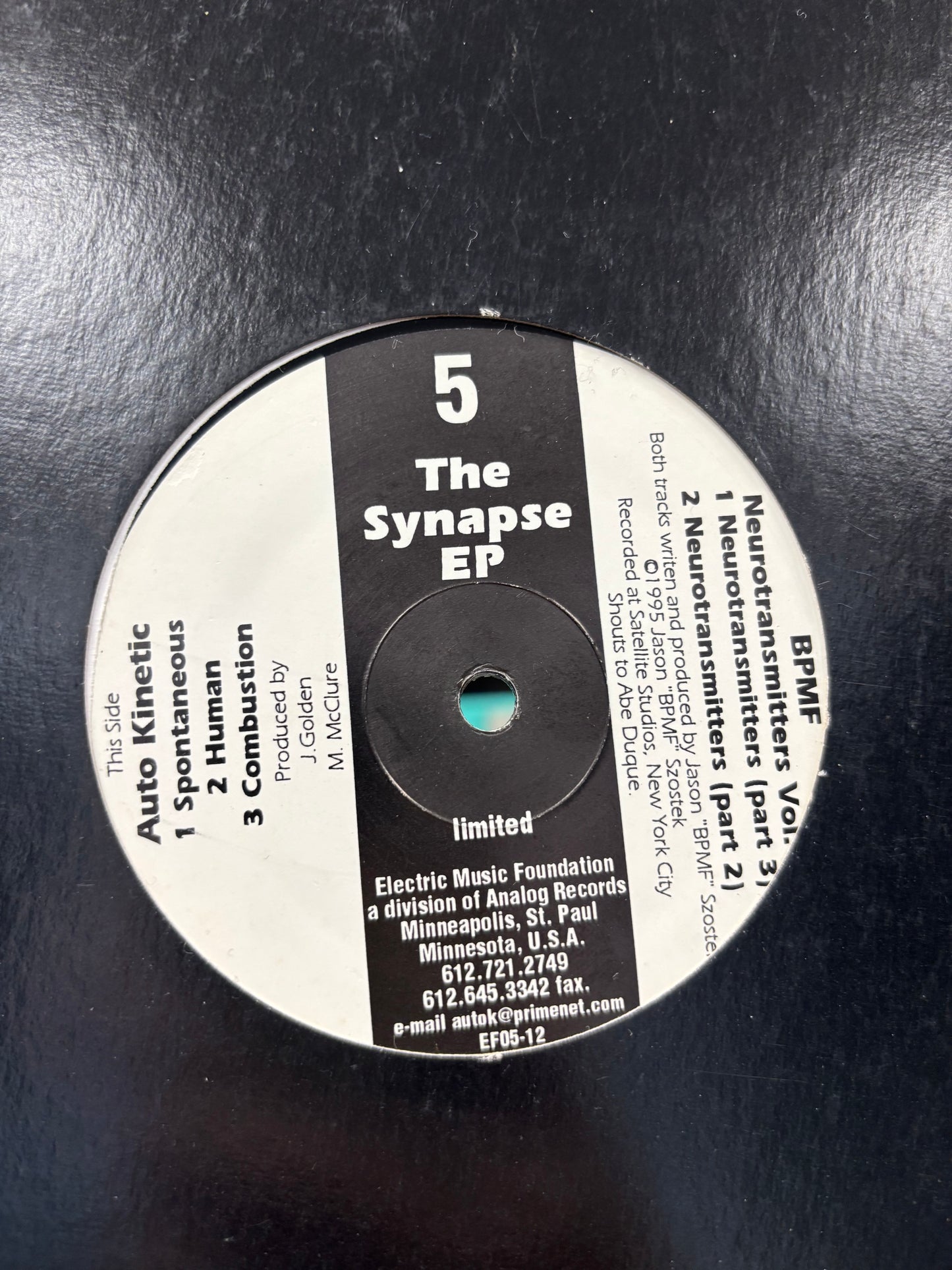 Auto Kinetic/BPMF: The Synapse EP, 12inch, Only pressing, Electric Music Foundation, US 1995