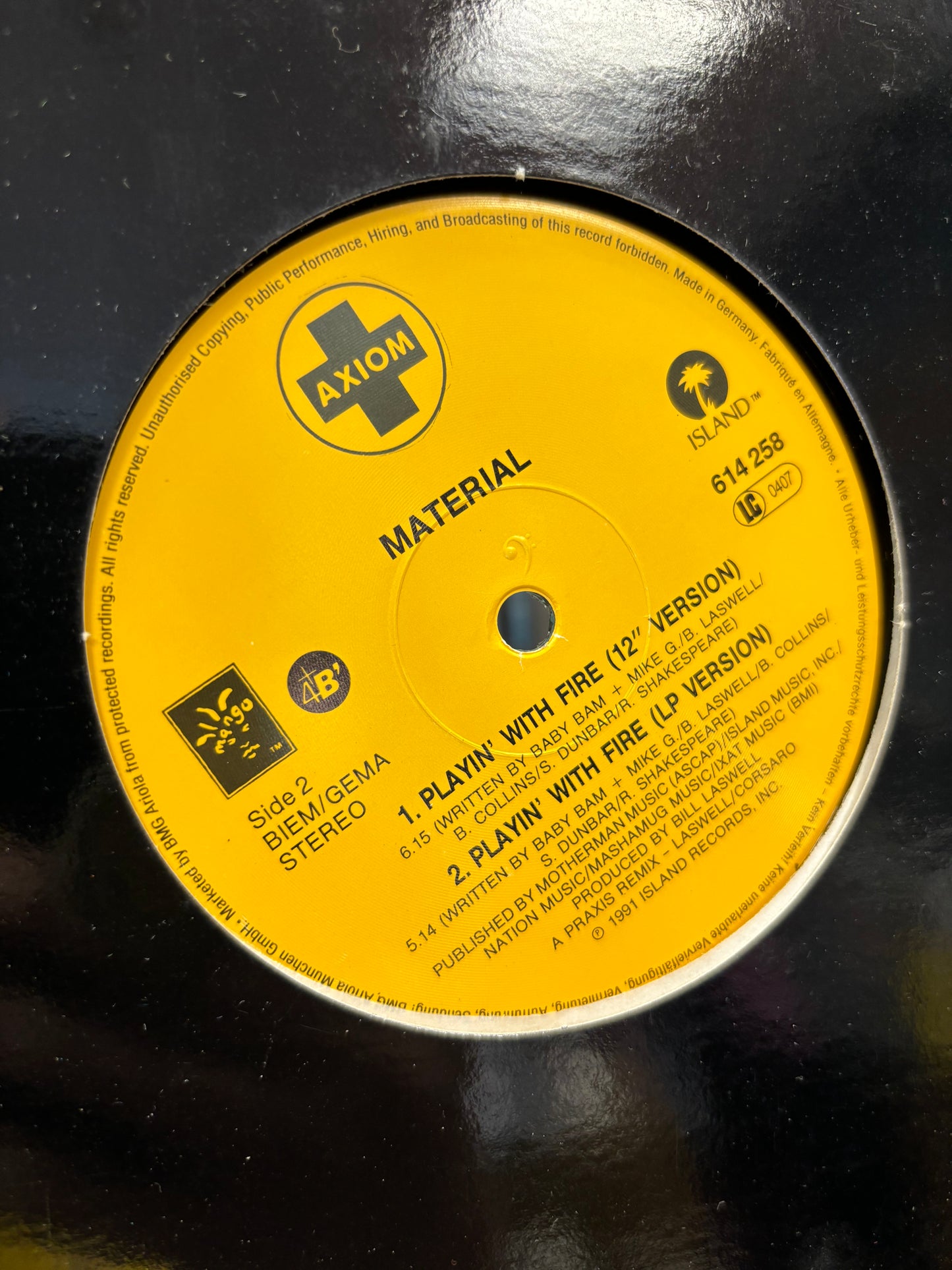 Material: Playin’ With Fire, 12inch, 1st pressing, Axiom, Mango, 4th & Broadway, Island Records, Germany 1991