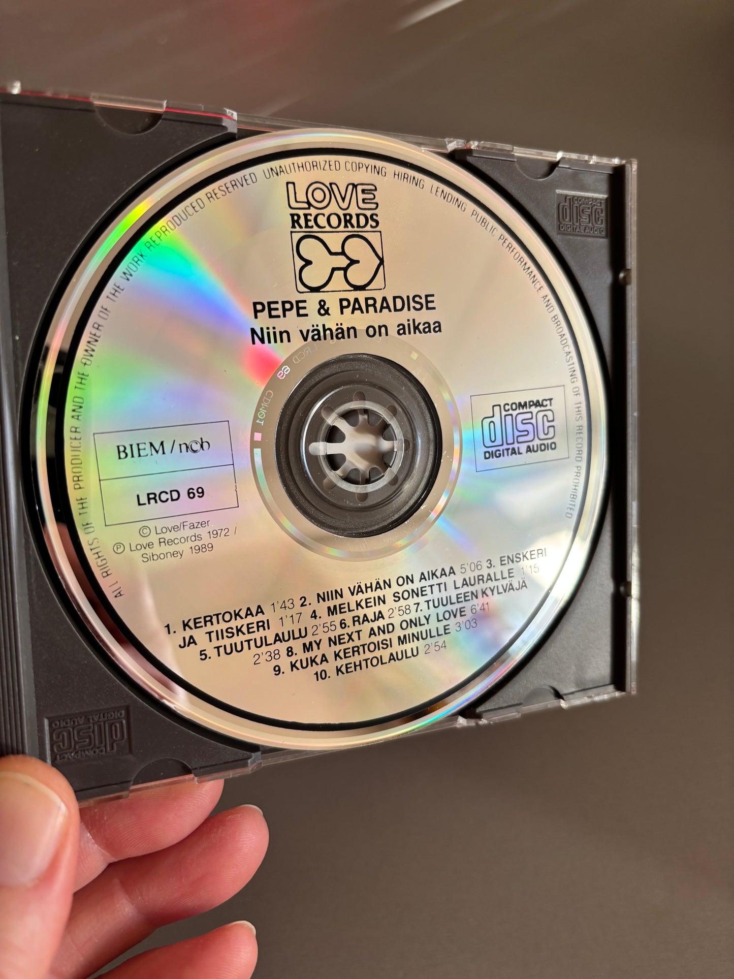 Pepe & Paradise: Niin vähän on aikaa, CD, reissue, 1st CD pressing, Love Records/Siboney, Finland 1989