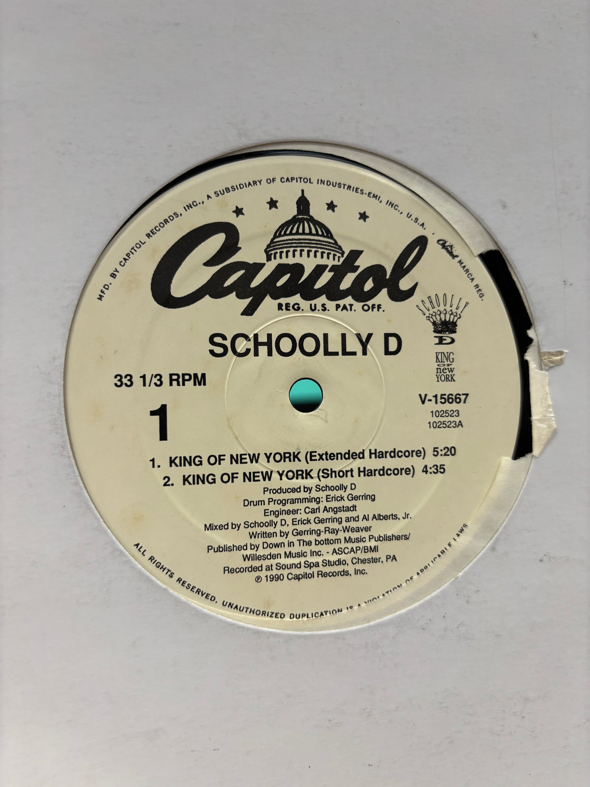 Schoolly D: King Of New York, 12inch, 1st pressing, Only official vinyl pressing, Capitol Records, US 1990