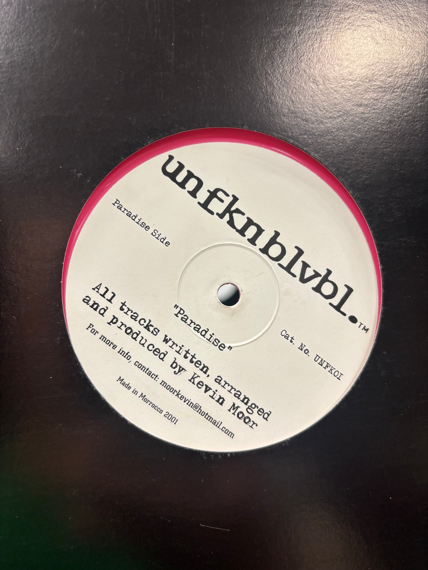 Kevin Moor: Paradise/Five Spikes Is A Poof, 12inch, Pink, Only pressing, Unfknblvbl, UK 2001